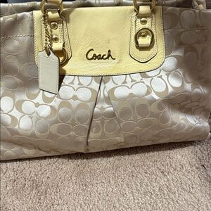 Coach Satin Signature Tote with Pale Yellow Leather Trim